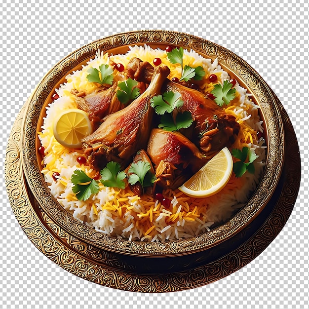 Psd delicioso biryani de frango com rodelas de limão em fundo transparente