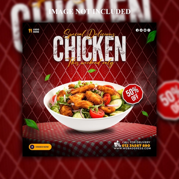 PSD psd delicioso menú de comida de pollo banner de redes sociales o diseño de plantilla de publicación de instagram