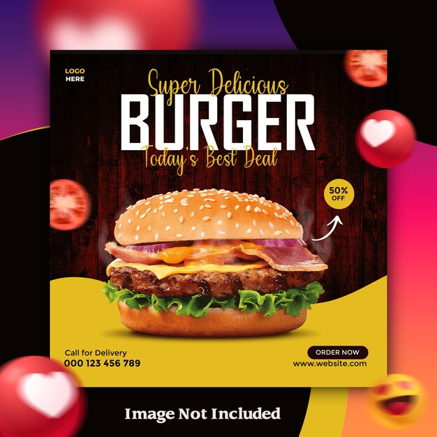 PSD delicioso menu de hambúrguer e comida Modelo de banner de mídia social