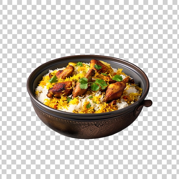 Psd delicioso pollo biryani con rebanadas de verduras en un cuenco sobre un fondo transparente