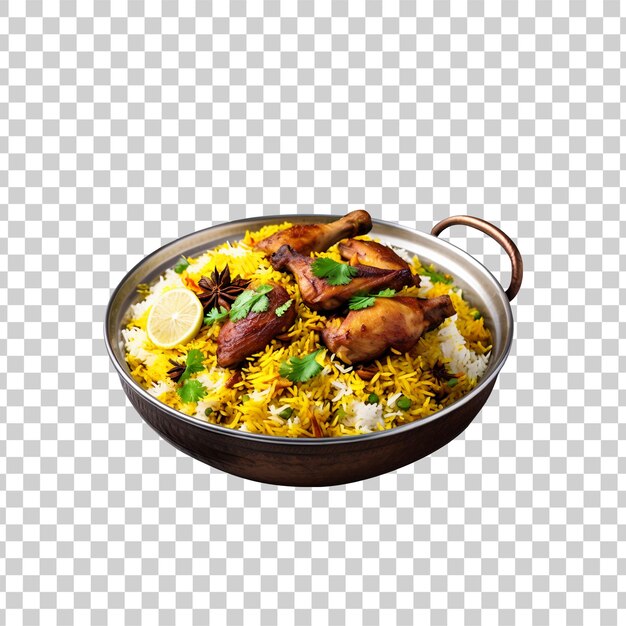 Psd delicioso pollo biryani con rebanadas de verduras en un cuenco sobre un fondo transparente