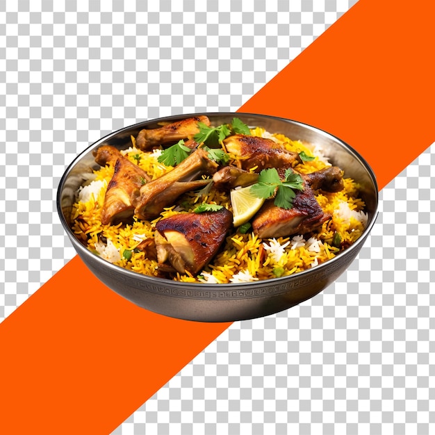 Psd delicioso pollo biryani con rebanadas de verduras en un cuenco sobre un fondo transparente