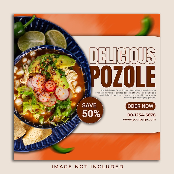 PSD psd delicioso pozole mexicano bandeira de comida e modelo de flyer de postagem de mídia social