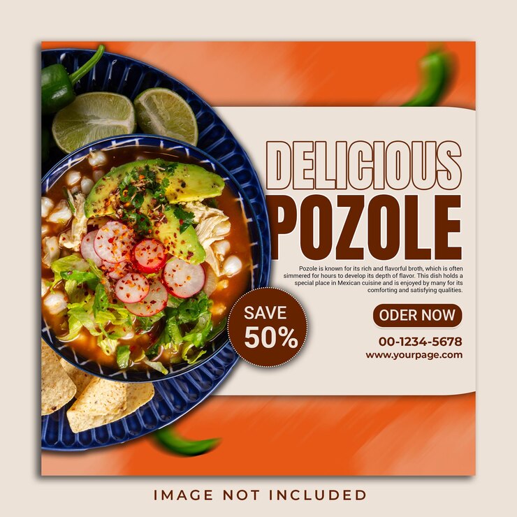 PSD psd delicioso pozole mexicano bandeira de comida e modelo de flyer de postagem de mídia social
