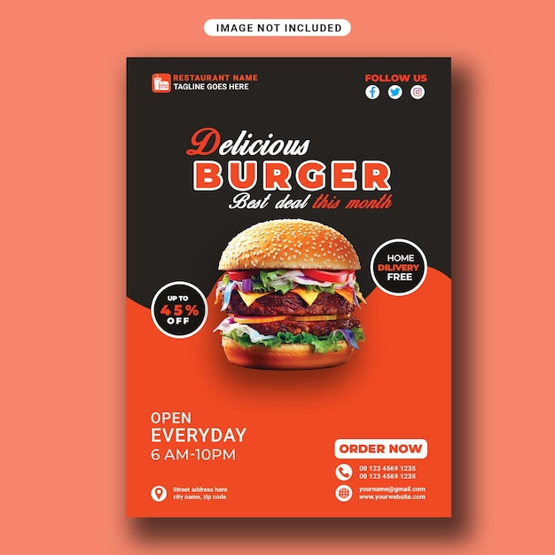 PSD Delicious Burger und Lebensmittel Flyer Vorlage