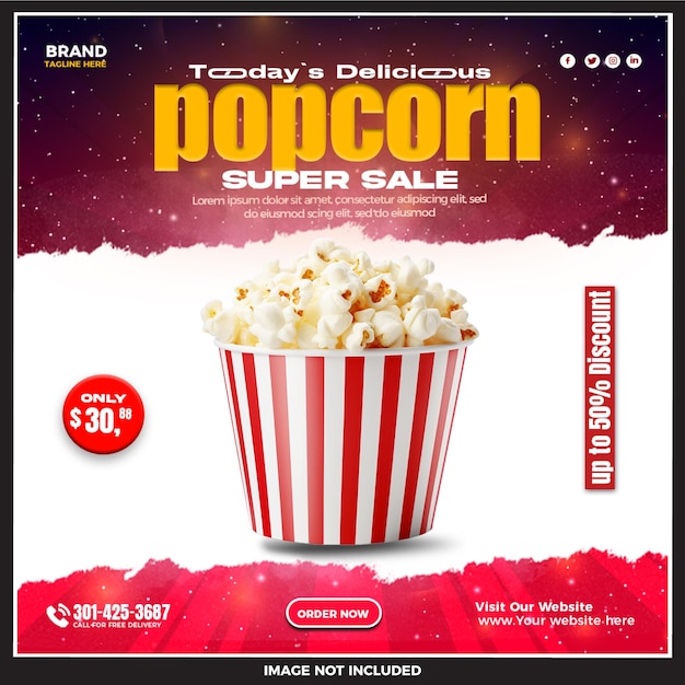 PSD psd delicious popcorn comida rápida plantilla de publicación de banner en las redes sociales