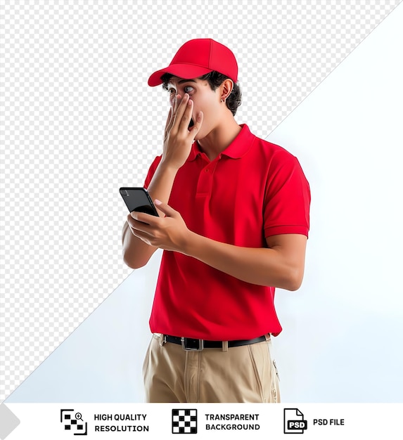 PSD psd delivery man employee red cap blank tshirt uniform holding smartphone looking screen being shocked covering mouth with hand standing in red shirt and khaki tan and brown pants