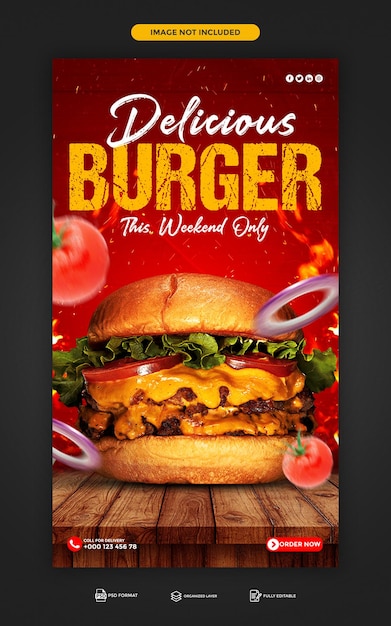 PSD Delizioso menu di hamburger e cibo instagram e design del modello di storia di facebook
