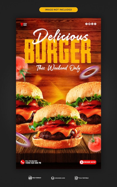 PSD Delizioso menu di hamburger e cibo instagram e design del modello di storia di facebook