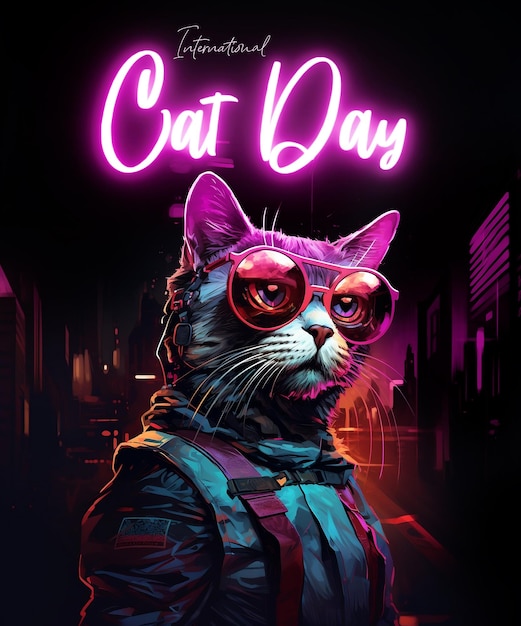 Psd della Giornata Internazionale del Gatto per il modello di poster sui social media gatto che indossa occhiali