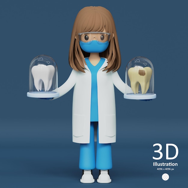 PSD psd dentista feminina segurando dente saudável e cárie dentária ícone renderizado em 3d estomatologia e odontologia