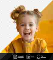 PSD psd en los dentistas una joven con cabello rubio y una camisa amarilla sonríe mientras muestra sus dientes blancos y nariz pequeña sus ojos marrones y orejas pequeñas son visibles también png