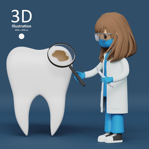 PSD dentiste examinant la carie dentaire 3d icône rendu stomatologie et concept de dentisterie