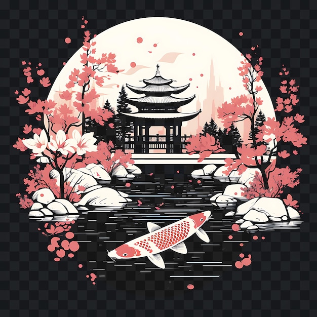 Psd des japanischen gartens mit koi-fisch-kirscheblüten weich rosa und vorlage clipart-tattoo-design