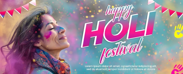 Psd desenho de banner de holi feliz para mídias sociais postagem editável de holi colorido de fundo do festival