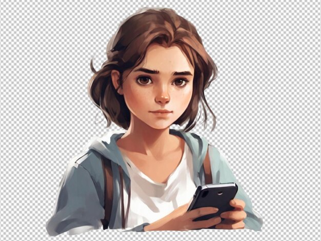 PSD psd d'un dessin approximatif d'une fille sur son smartphone sur un fond transparent