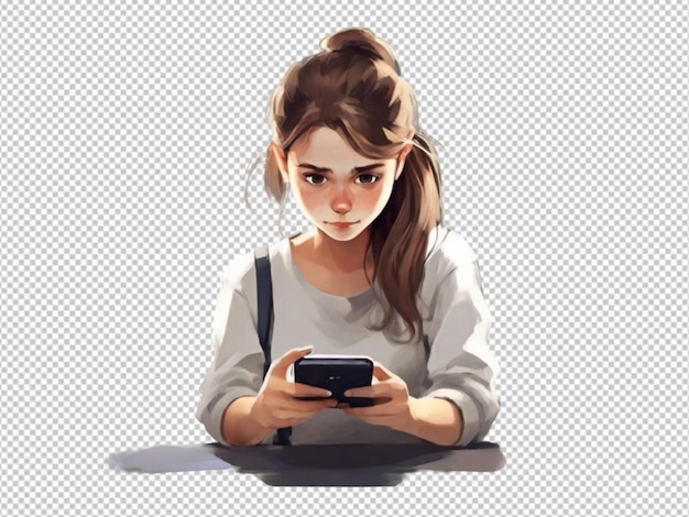 PSD psd d'un dessin approximatif d'une fille sur son smartphone sur un fond transparent