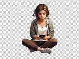 PSD psd d'un dessin approximatif d'une fille sur son smartphone sur un fond transparent