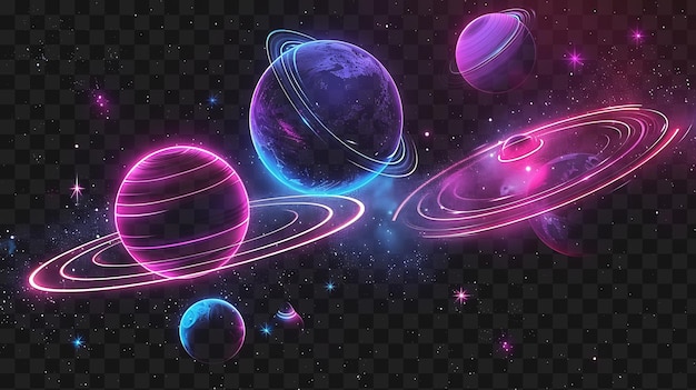 Psd di pianeti di neon radianti in orbita e in rotazione con un modello di progettazione artistica di cornice di neon cosmica Sp