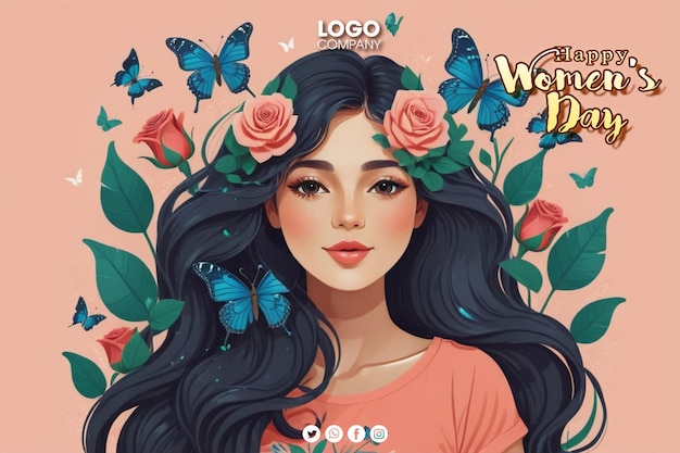 PSD psd día internacional de la mujer diseño plano de una hermosa chica con cabello rebotante deja mariposas