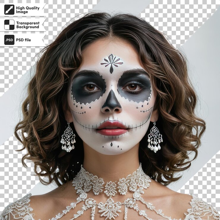 PSD psd día de los muertos la catrina con flores en fondo transparente con capa de máscara editable