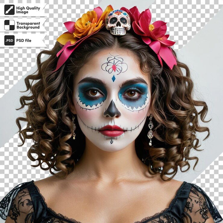 PSD psd día de los muertos cráneo esquelético con flores en fondo transparente con capa de máscara editable