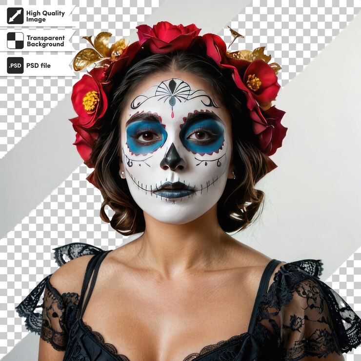 PSD psd día de los muertos cráneo esquelético con flores en fondo transparente con capa de máscara editable