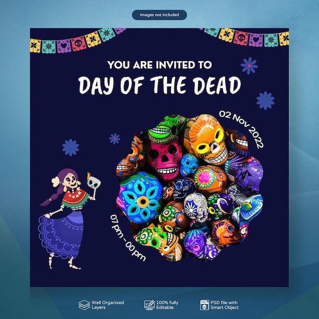 PSD psd dia de muertos o plantilla de redes sociales de celebración del día de muertos