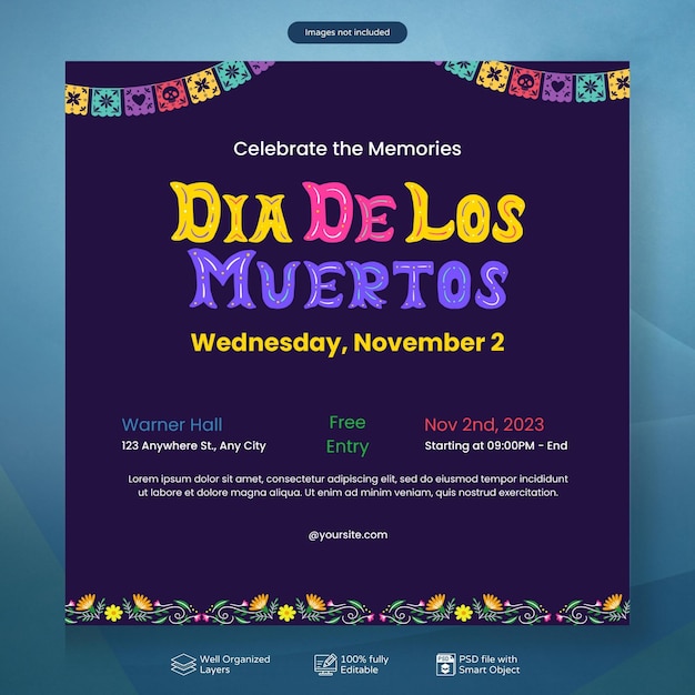 PSD psd dia de muertos o plantilla de redes sociales de celebración del día de muertos