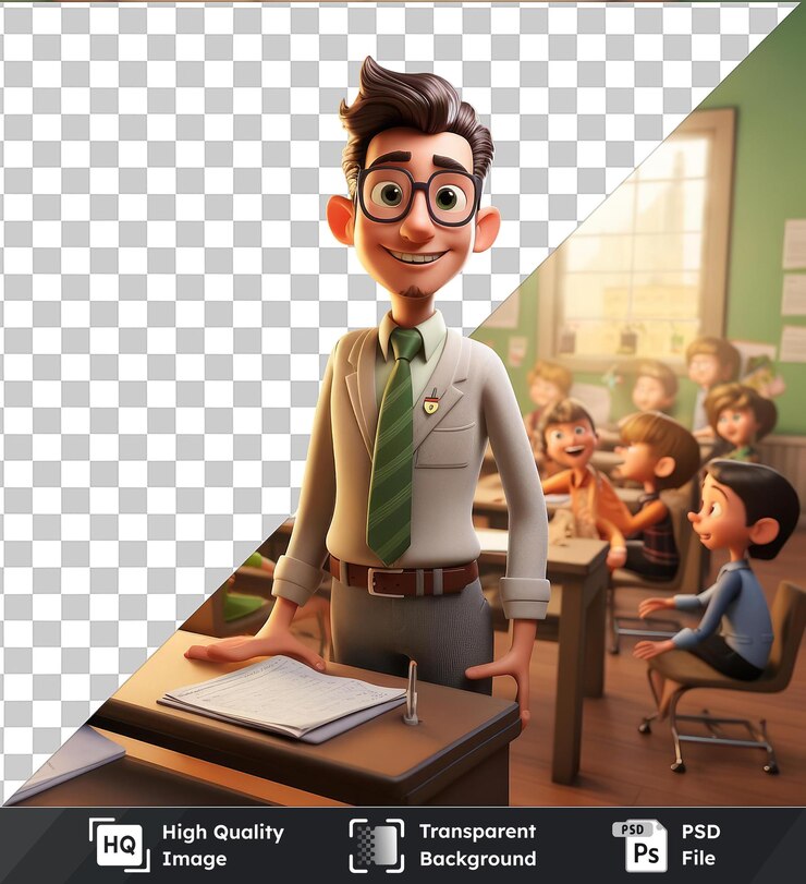 PSD psd con dibujos animados transparentes de maestros en 3d educando a las mentes jóvenes en un aula