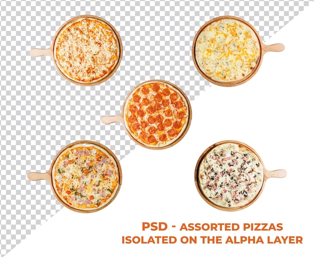 PSD psd diferentes tipos de pizza isolados na camada alfa