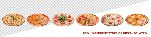 PSD psd diferentes variedades de pizza aisladas.