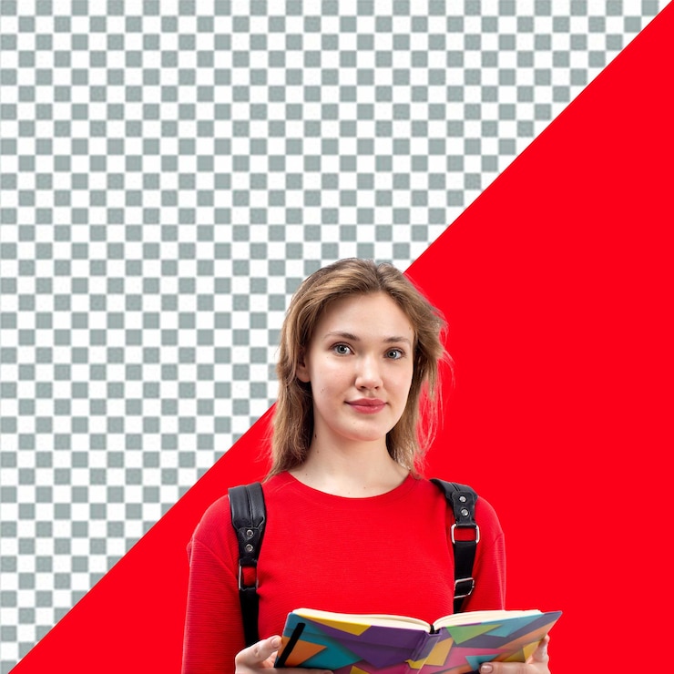 PSD psd donna con uno zaino sta tenendo un libro in mano sfondo trasparente