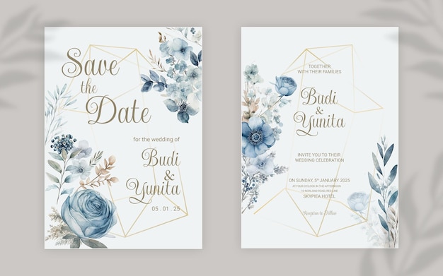 PSD-doppelseitige Hochzeitseinladungs-Vorlagenkarte mit Aquarell-staubigen Rosen- und Blattornamenten