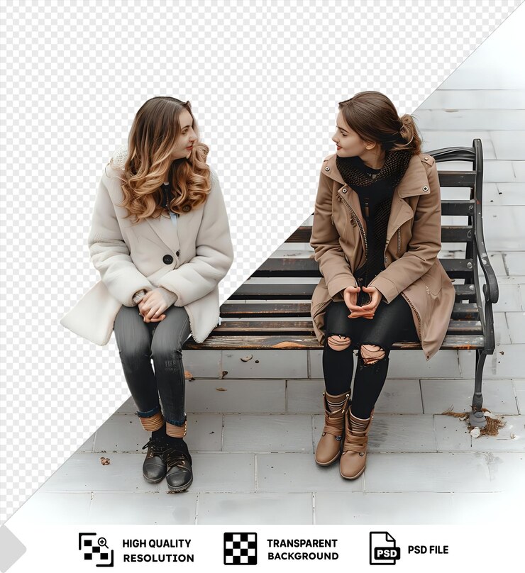 PSD psd dos chicas hablando sentadas en un banco de la ciudad una con el pelo largo y marrón y la otra con botas marrones png