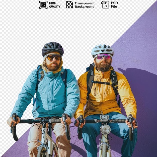 Psd dos ciclistas satisfechos tomando un descanso de ciclismo uno con una chaqueta azul y casco gris el otro con una chaquette amarilla y pantalones azules con una barba marrón png