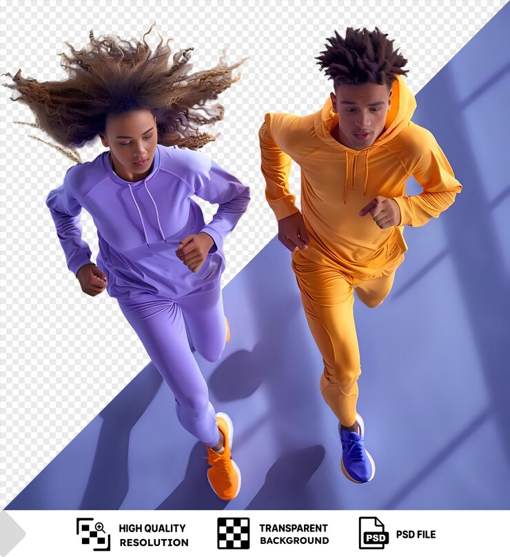 PSD psd dos jóvenes en ropa deportiva corriendo juntos con una persona con una camisa púrpura png psd