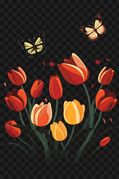 PSD psd du jardin de tulipes avec un papillon buzzing abeilles rouges vibrants et modèle design de tatouage clipart