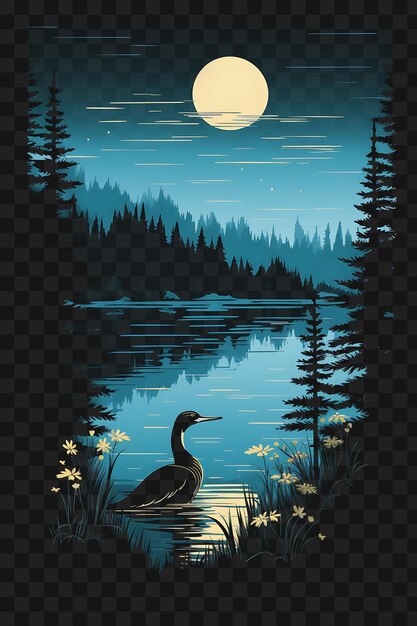 PSD psd du lac de montagne avec un pin loon des arbres bleus et verts frais je modèle clipart dessin de tatouage