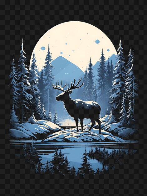 PSD psd du paysage alpine enneigé avec un moose cool blues et blancs da modèle design de tatouage clipart