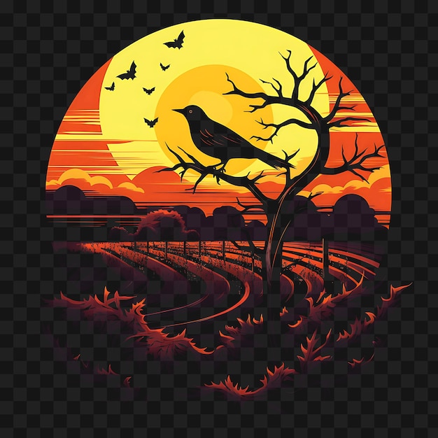 PSD psd du vignoble d'automne avec un oiseau rouge riche oranges et jaunes modèle design de tatouage clipart