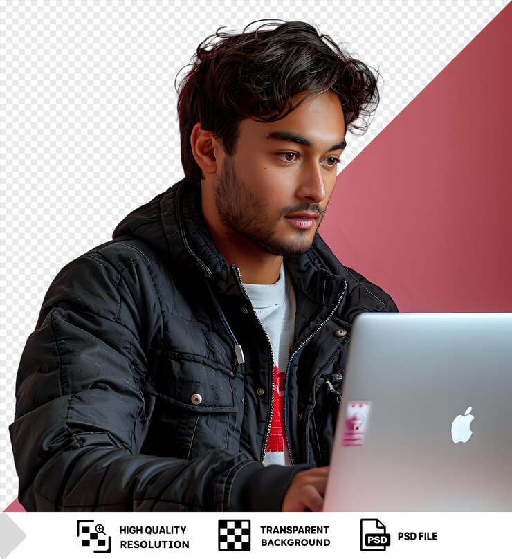 PSD psd durchsichtiger hintergrund hübscher junger mann arbeitet am laptop png psd