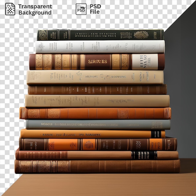 Psd durchsichtiger hintergrund realistische fotografische linguisten wörterbücher auf einem holztisch gegen eine graue und schwarze wand umgeben von einer sammlung von büchern in verschiedenen farben und größen