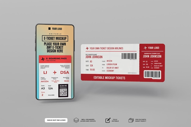 Psd e ticket aus smartphone- oder mobiltelefon-mockup-konzept mit gedrucktem ticket