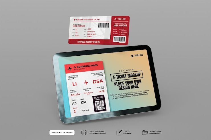 PSD psd e ticket desde el concepto de maqueta de tableta horizontal con billete impreso