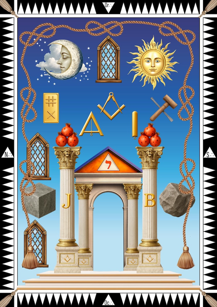 PSD psd editable tabla de seguimiento del grado de aprendiz masón reaa templo masónico con elementos simbólicos
