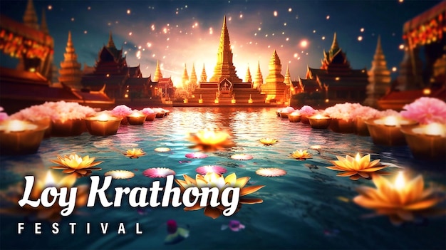 PSD psd editável happy loy krathong festival de fundo da tailândia com templo dourado e fogos de artifício