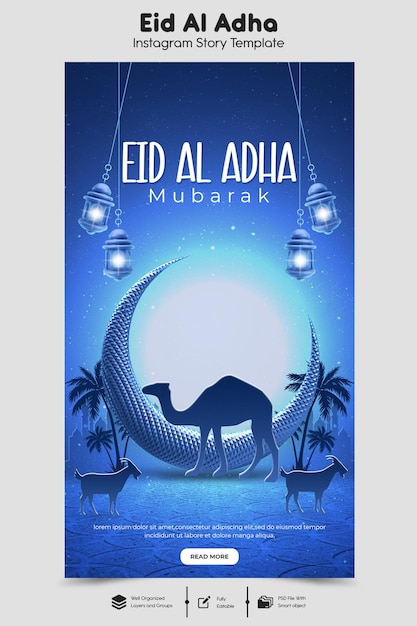 PSD Eid al adha mubarak festival islâmico instagram e modelo de história do facebook