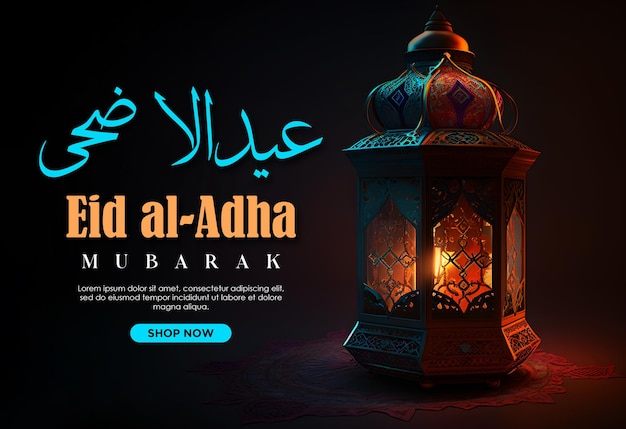 PSD eid aladha mubarak con un modello di lanterna islamica