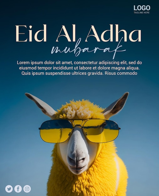 PSD Eid mubarak Eid al Adha banner ou cartaz com ovelhas usando óculos Happy eid ul adha mubarak